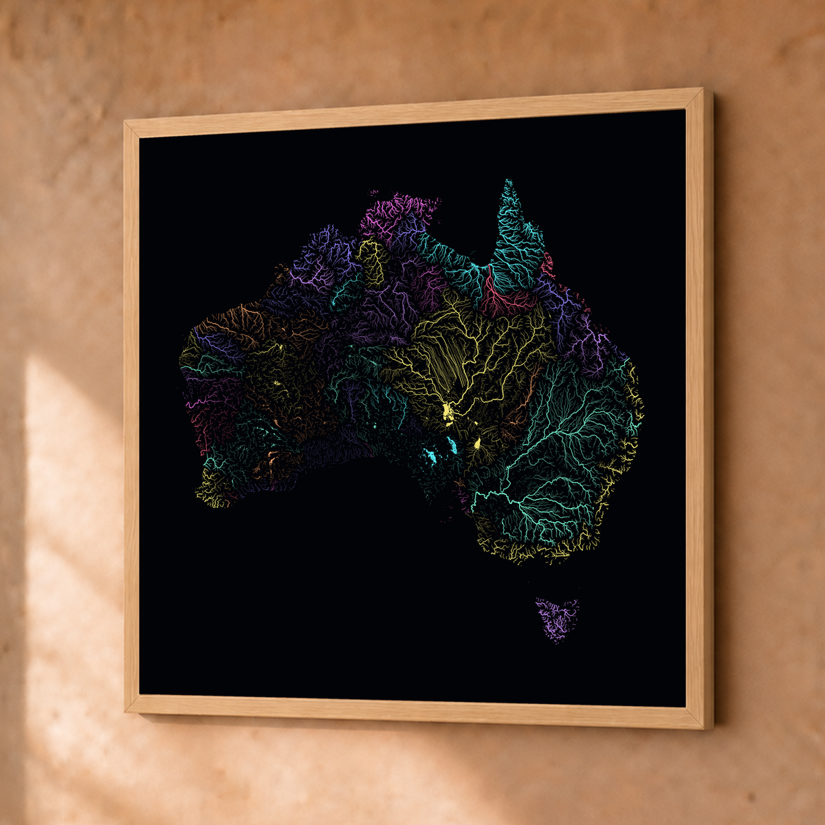 Beautiful Rivers — Austrália — Neon por território, Fine art emoldurado · 50 × 50 cm, Natural · Sem margem