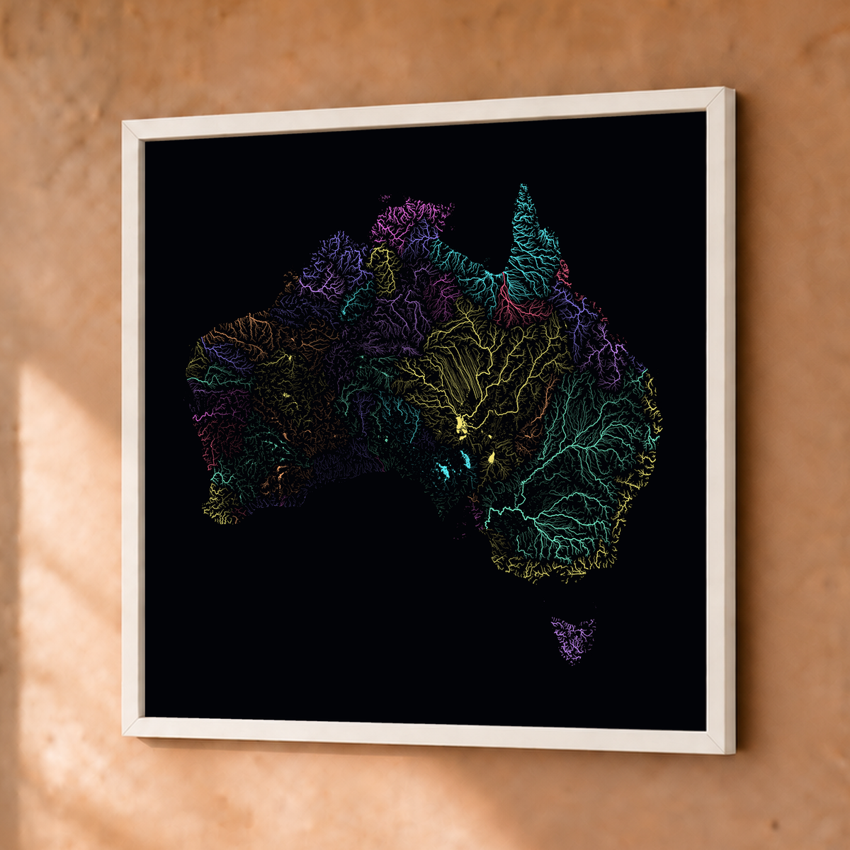 Beautiful Rivers — Austrália — Neon por território, Fine art emoldurado · 50 × 50 cm, Branco · Sem margem