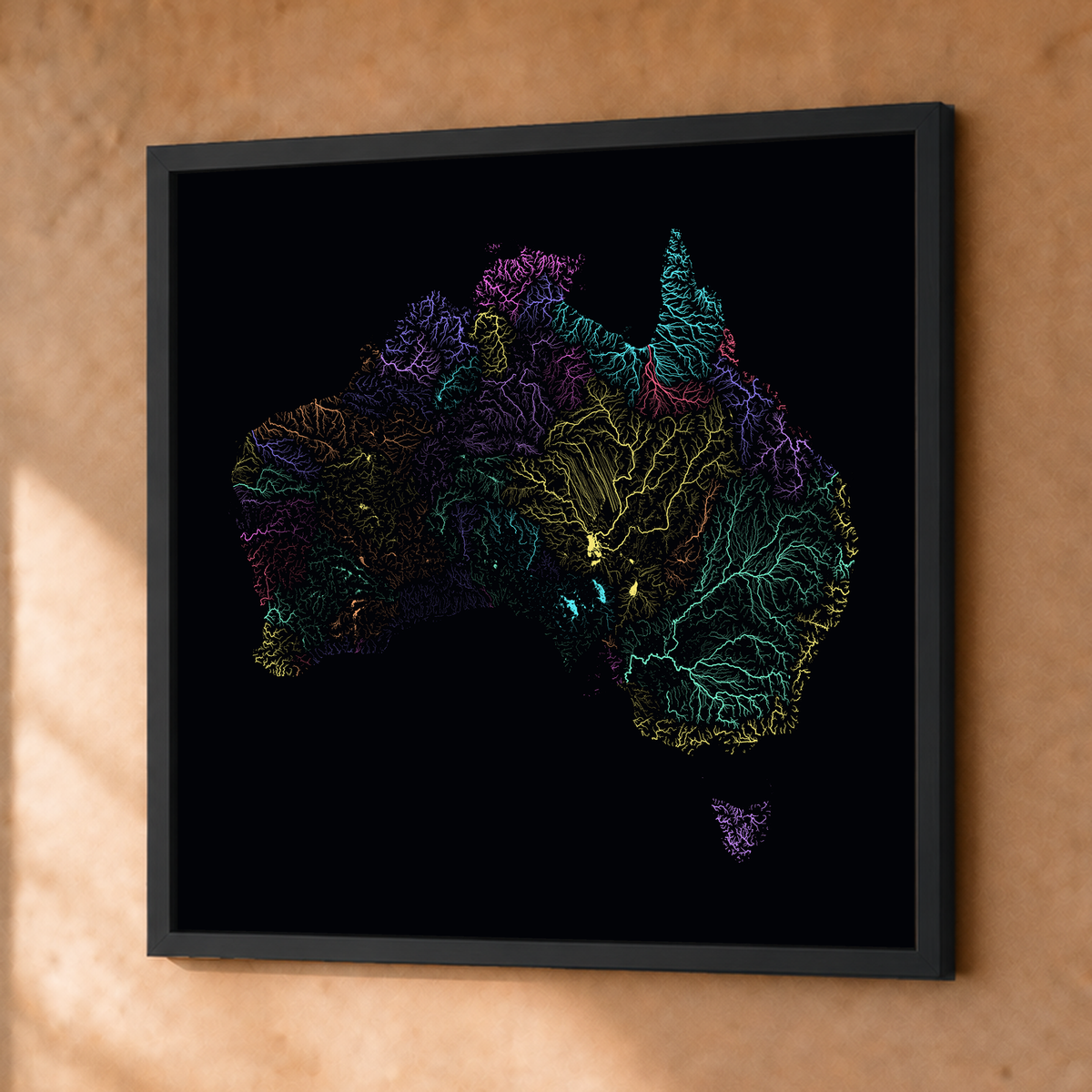 Beautiful Rivers — Austrália — Neon por território, Fine art emoldurado · 76 × 76 cm, Preto · Sem margem