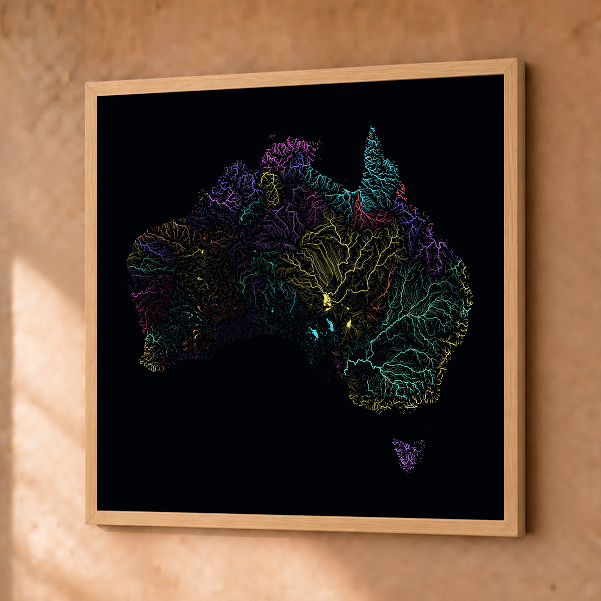 Beautiful Rivers — Austrália — Neon por território, Fine art emoldurado · 76 × 76 cm, Natural · Sem margem
