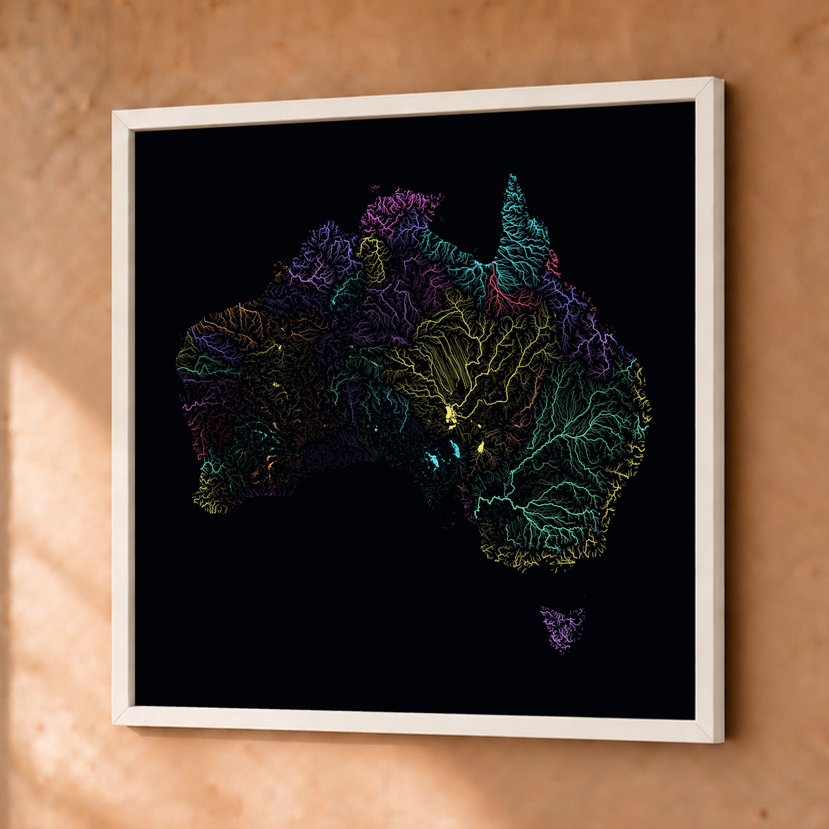Beautiful Rivers — Austrália — Neon por território, Fine art emoldurado · 76 × 76 cm, Branco · Sem margem