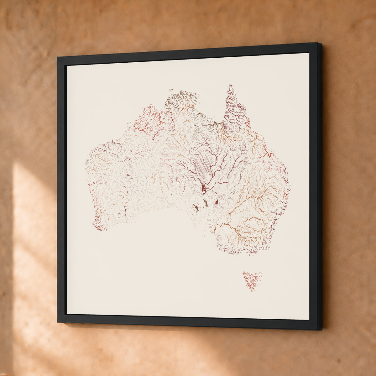 Beautiful Rivers — Austrália — Terracota e areia, Fine art emoldurado · 30 × 30 cm, Preto · Sem margem