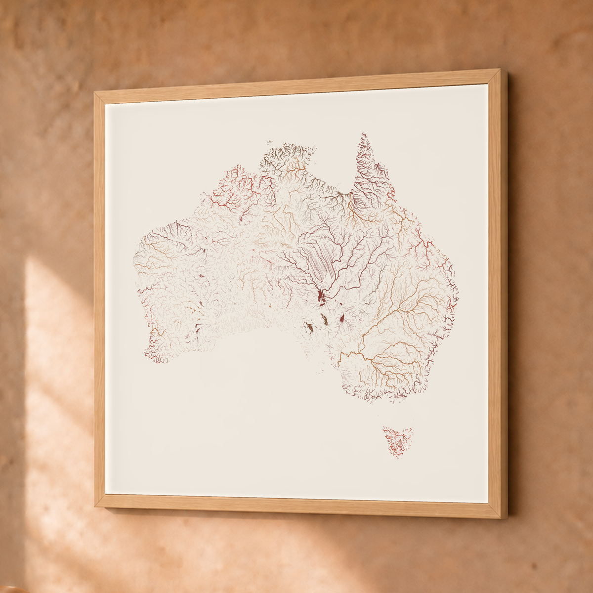 Beautiful Rivers — Austrália — Terracota e areia, Fine art emoldurado · 30 × 30 cm, Natural · Sem margem