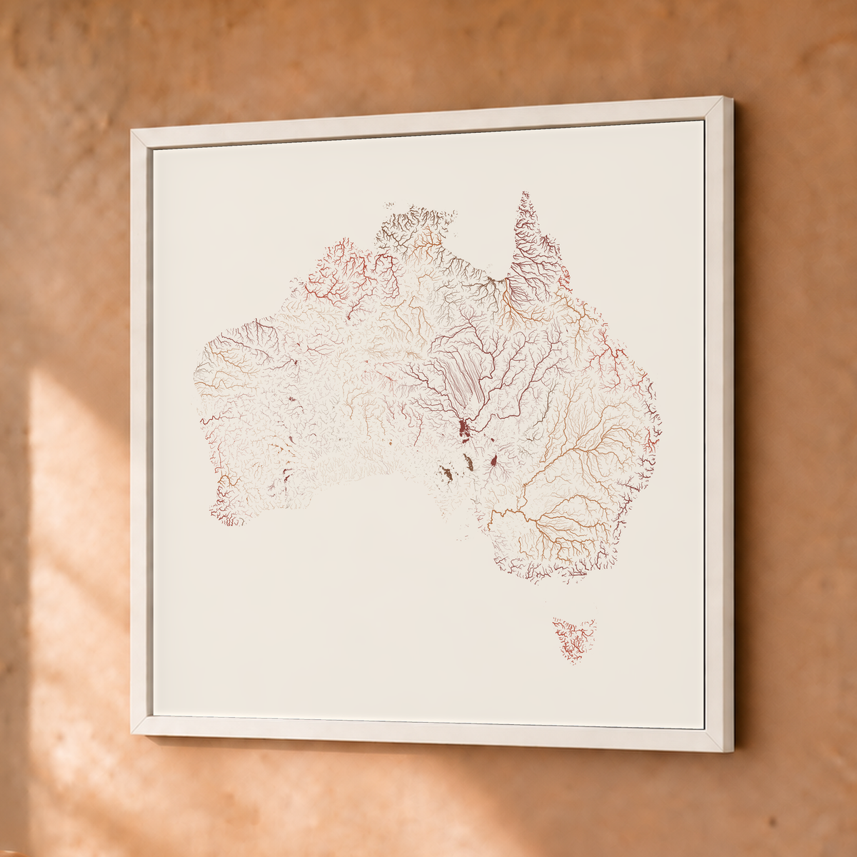Beautiful Rivers — Austrália — Terracota e areia, Fine art emoldurado · 30 × 30 cm, Branco · Sem margem