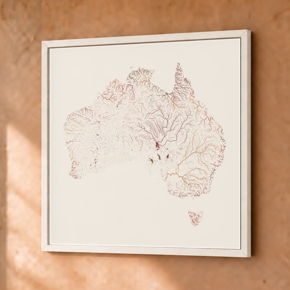 Beautiful Rivers — Austrália — Terracota e areia, Fine art emoldurado · 50 × 50 cm, Branco · Sem margem