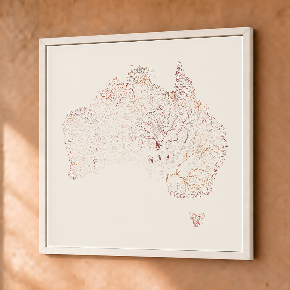 Beautiful Rivers — Austrália — Terracota e areia, Fine art emoldurado · 76 × 76 cm, Branco · Sem margem