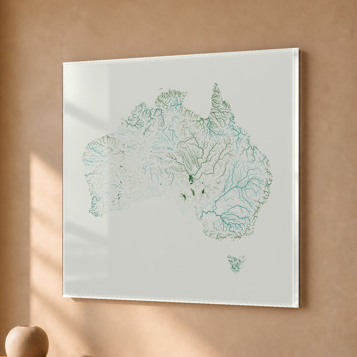 Beautiful Rivers — Austrália — Verde jade e porcelana, Acrílico · 30 × 30 cm, Sem margem