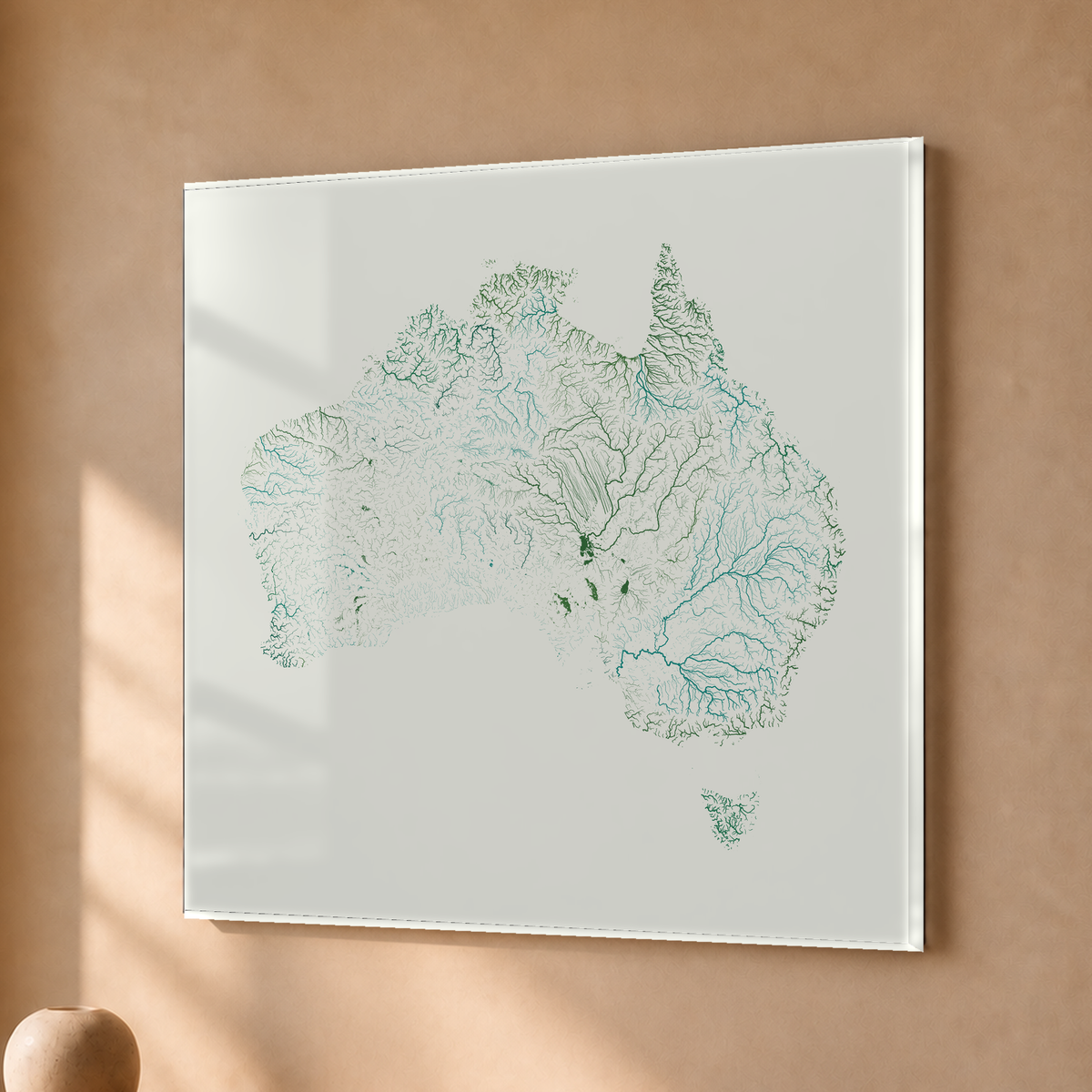 Beautiful Rivers — Austrália — Verde jade e porcelana, Acrílico · 50 × 50 cm, Sem margem