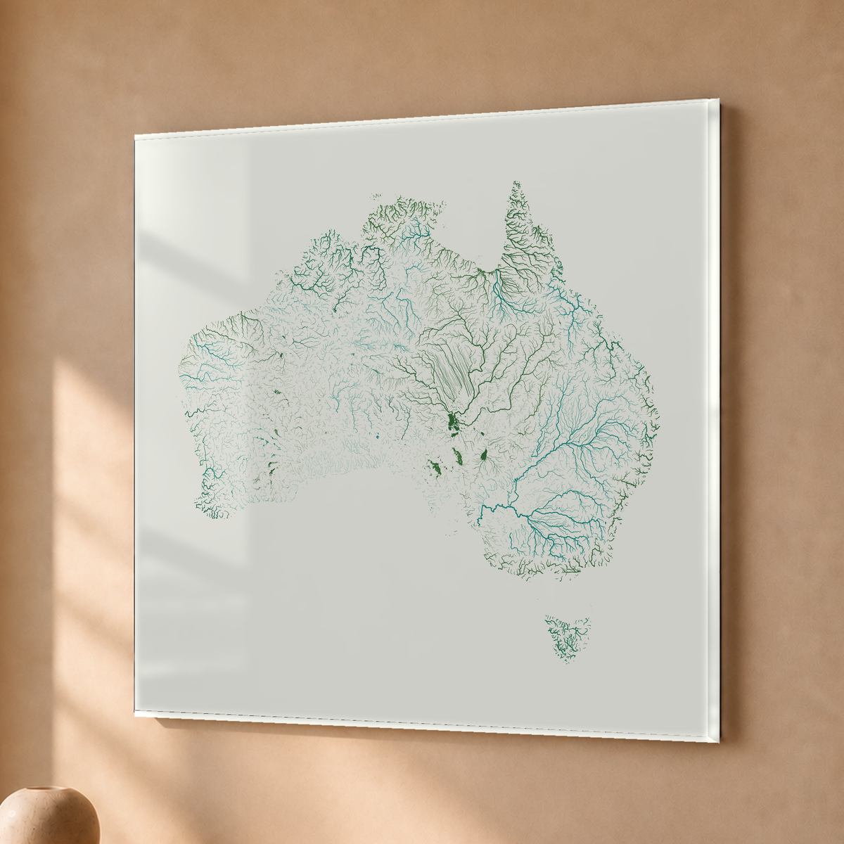 Beautiful Rivers — Austrália — Verde jade e porcelana, Acrílico · 76 × 76 cm, Sem margem