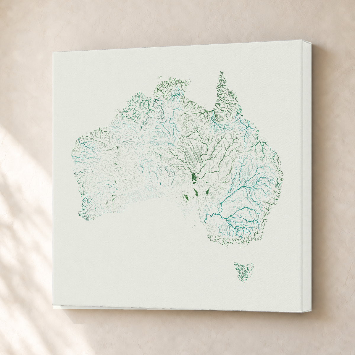 Beautiful Rivers — Austrália — Verde jade e porcelana, Canvas · 30 × 30 cm, Sem margem
