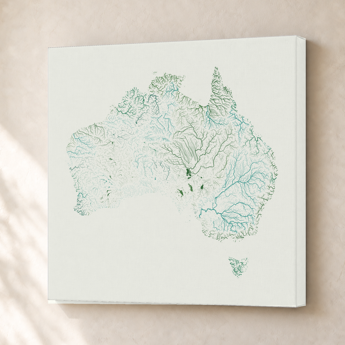 Beautiful Rivers — Austrália — Verde jade e porcelana, Canvas · 50 × 50 cm, Sem margem