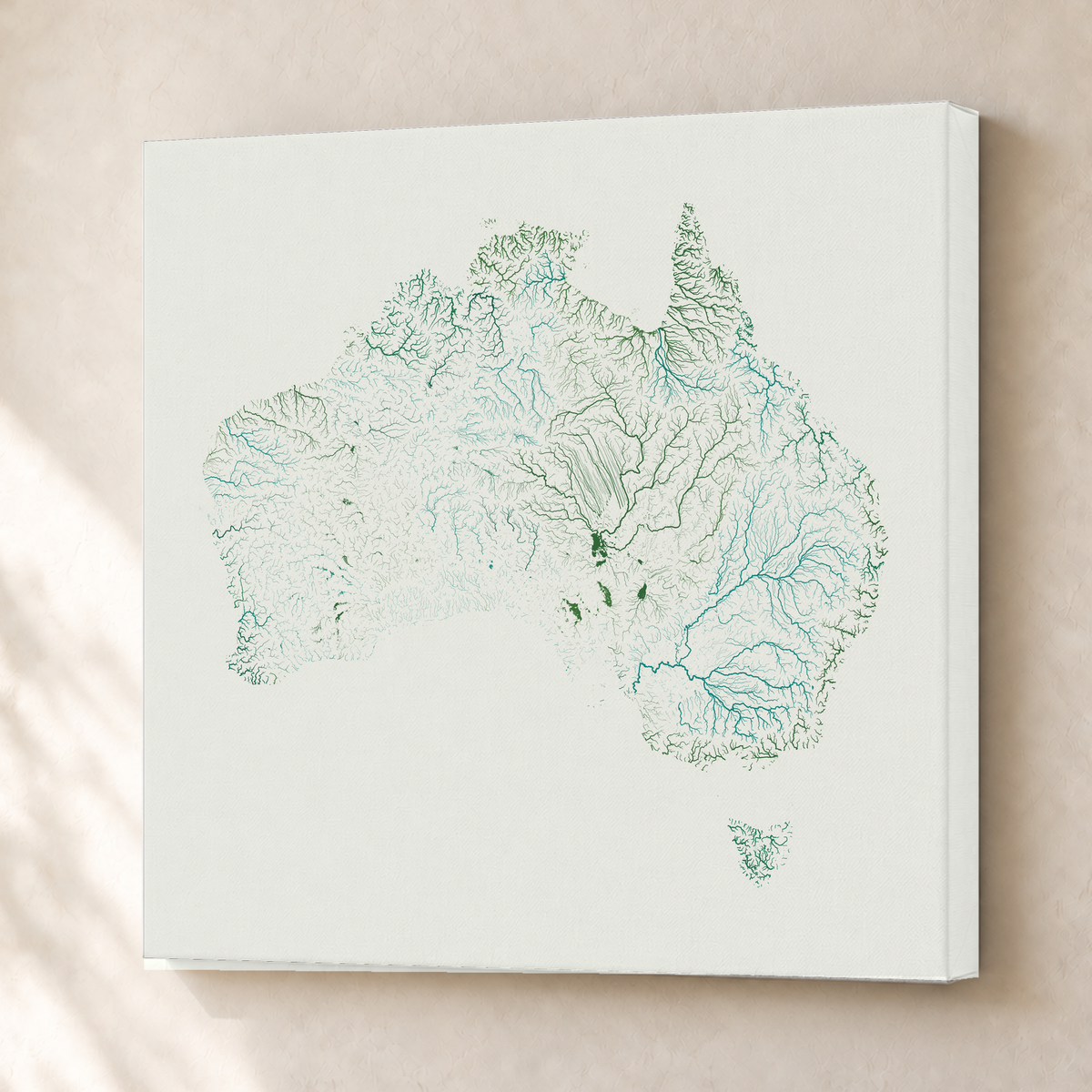 Beautiful Rivers — Austrália — Verde jade e porcelana, Canvas · 76 × 76 cm, Sem margem