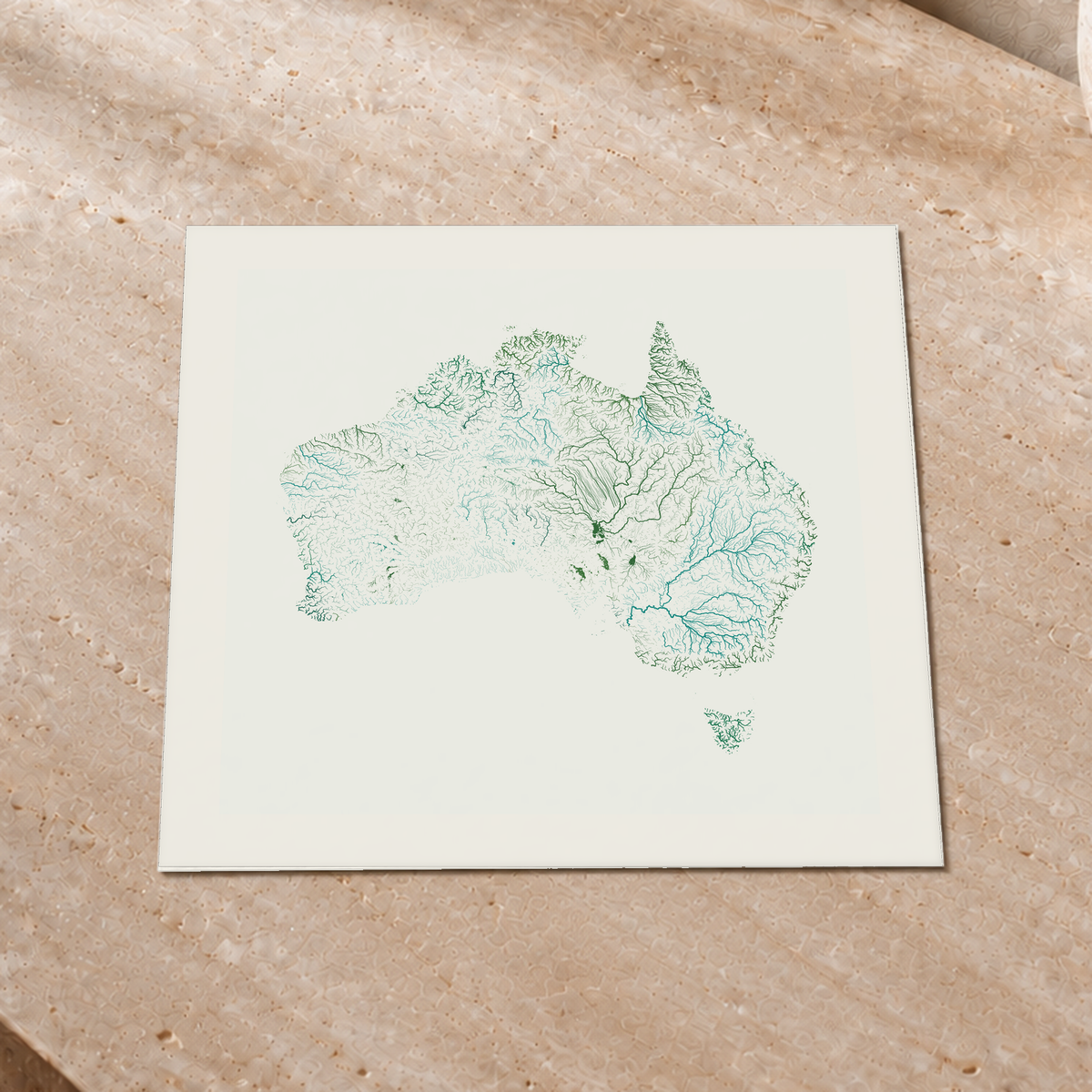 Beautiful Rivers — Austrália — Verde jade e porcelana, Impressão fine art · 30 × 30 cm, Margem branca