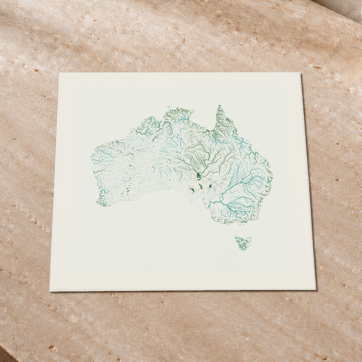 Beautiful Rivers — Austrália — Verde jade e porcelana, Impressão fine art · 50 × 50 cm, Margem branca