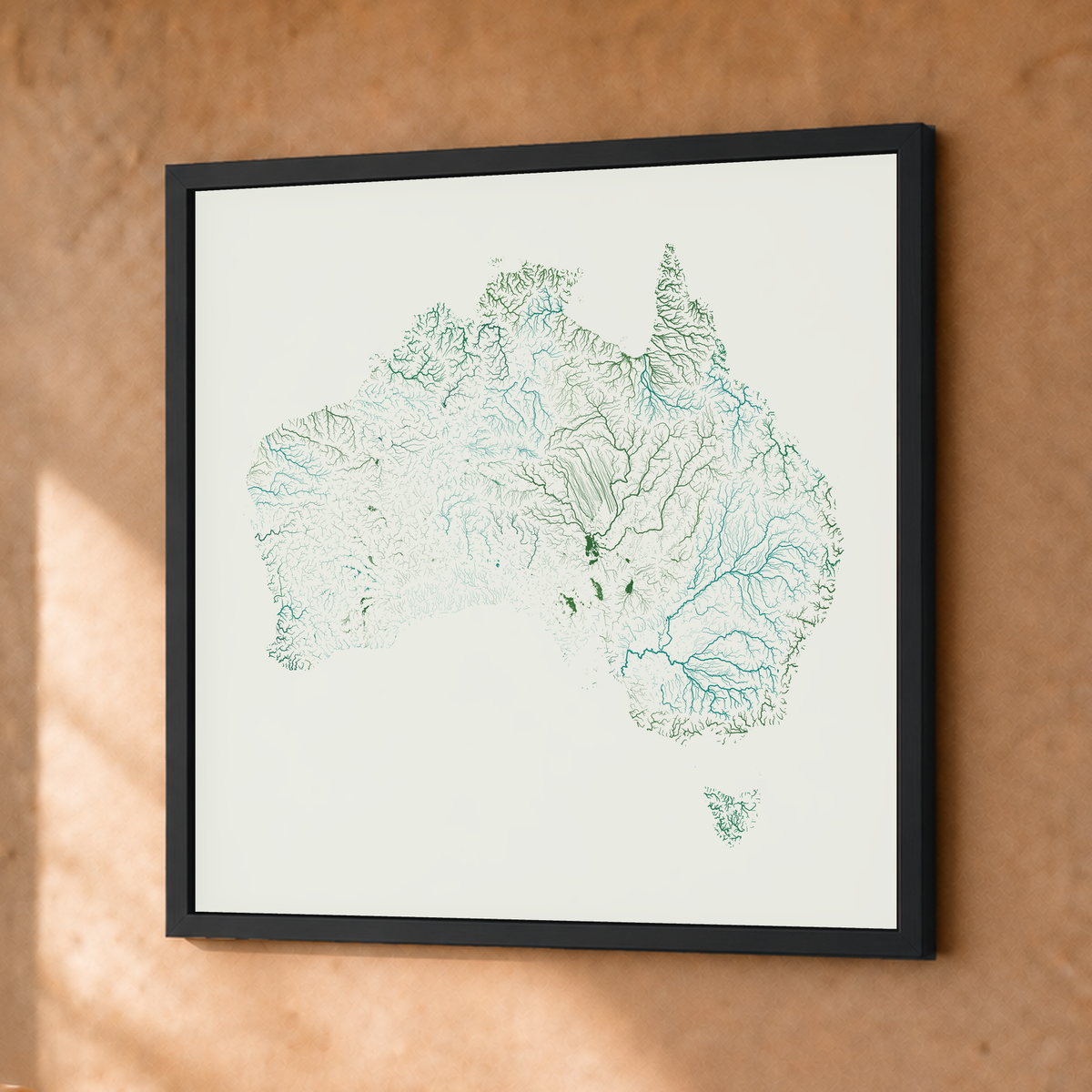 Beautiful Rivers — Austrália — Verde jade e porcelana, Fine art emoldurado · 30 × 30 cm, Preto · Sem margem