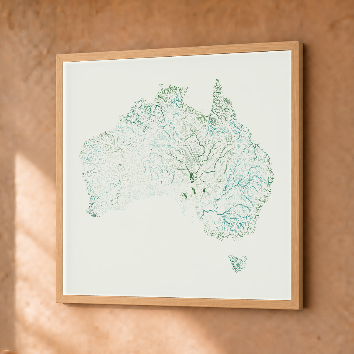 Beautiful Rivers — Austrália — Verde jade e porcelana, Fine art emoldurado · 30 × 30 cm, Natural · Sem margem