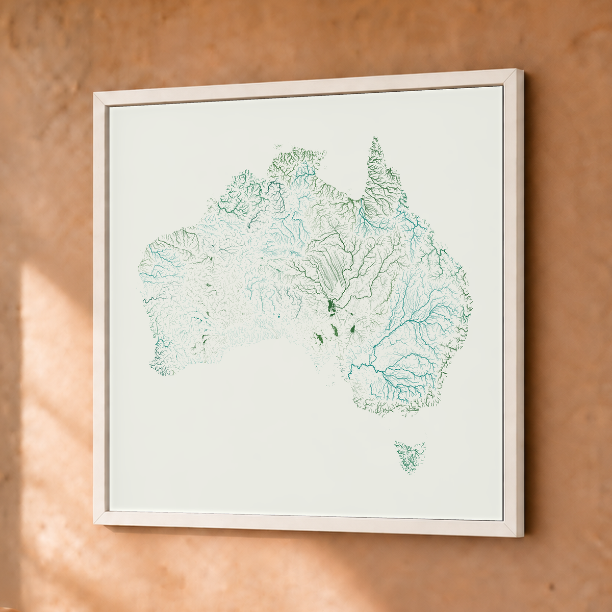 Beautiful Rivers — Austrália — Verde jade e porcelana, Fine art emoldurado · 30 × 30 cm, Branco · Sem margem