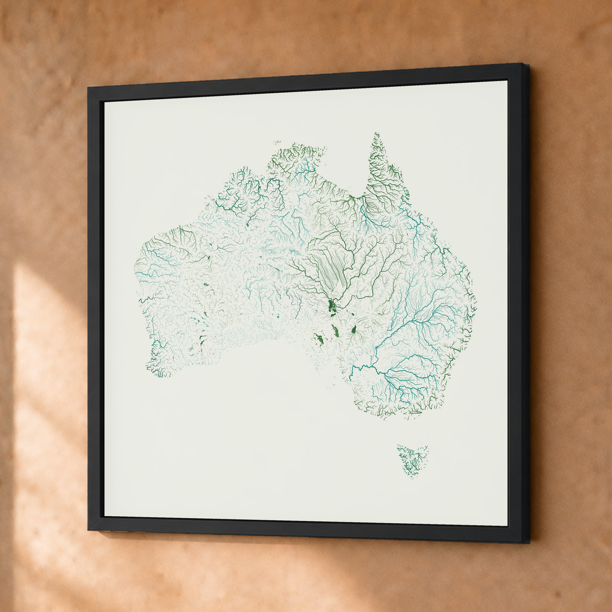 Beautiful Rivers — Austrália — Verde jade e porcelana, Fine art emoldurado · 50 × 50 cm, Preto · Sem margem