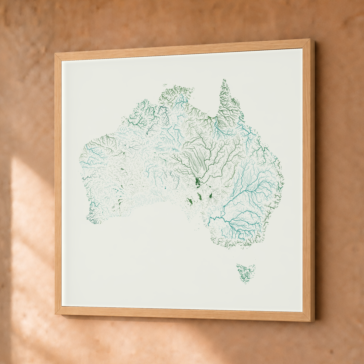 Beautiful Rivers — Austrália — Verde jade e porcelana, Fine art emoldurado · 50 × 50 cm, Natural · Sem margem