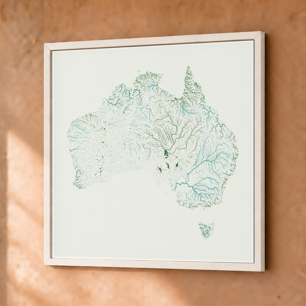Beautiful Rivers — Austrália — Verde jade e porcelana, Fine art emoldurado · 50 × 50 cm, Branco · Sem margem