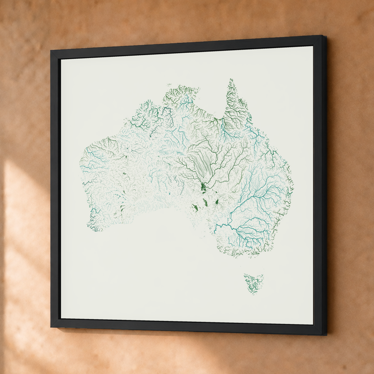Beautiful Rivers — Austrália — Verde jade e porcelana, Fine art emoldurado · 76 × 76 cm, Preto · Sem margem