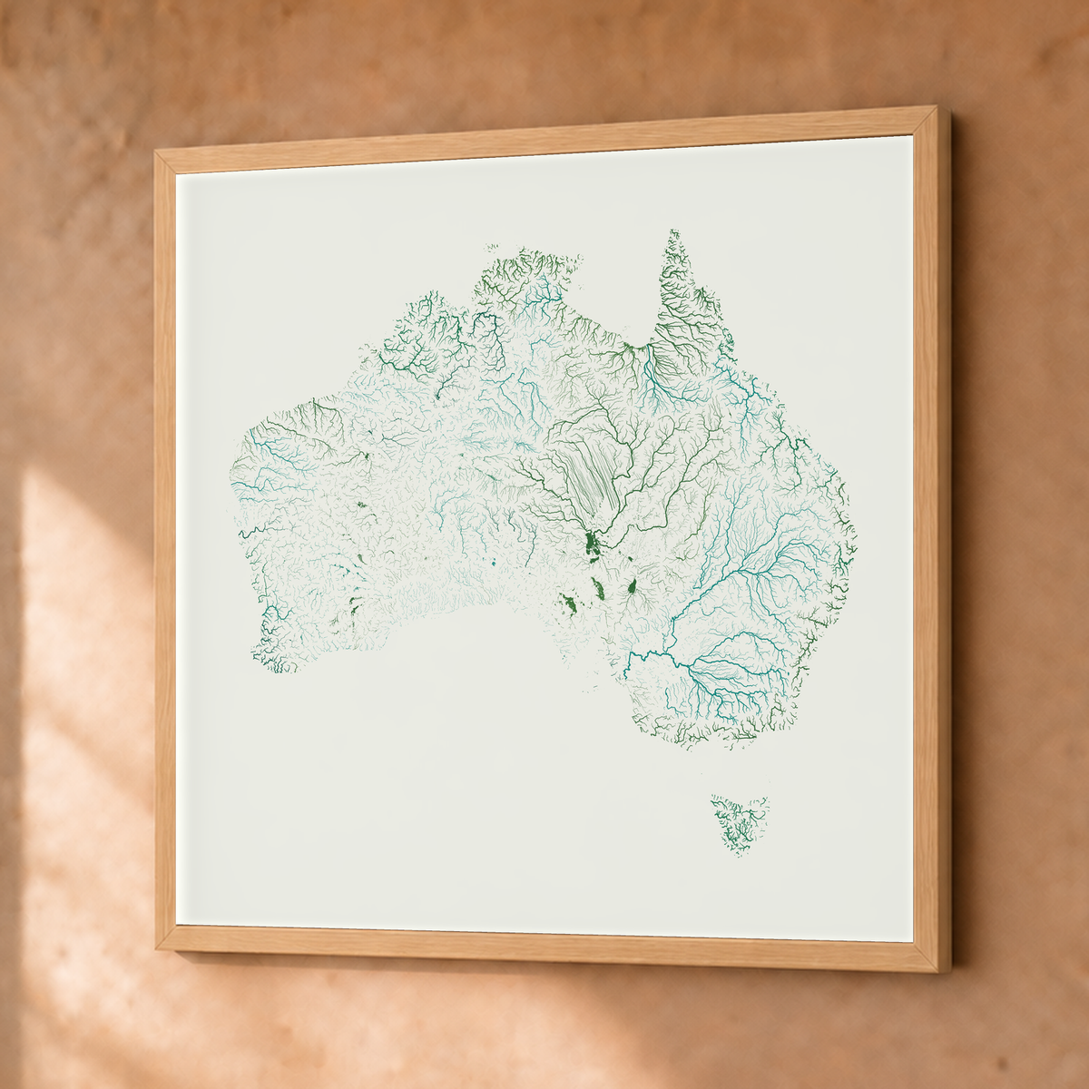 Beautiful Rivers — Austrália — Verde jade e porcelana, Fine art emoldurado · 76 × 76 cm, Natural · Sem margem
