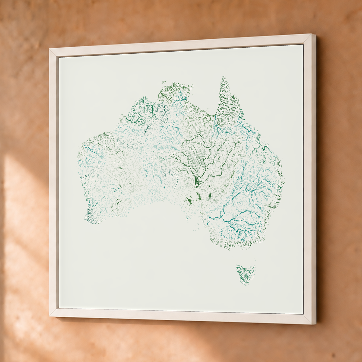 Beautiful Rivers — Austrália — Verde jade e porcelana, Fine art emoldurado · 76 × 76 cm, Branco · Sem margem