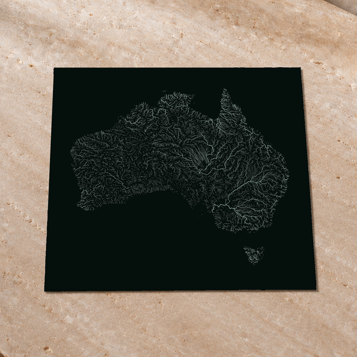 Mapa hidrográfico — Austrália, glow, glow-poster, 76 × 76 cm, num ambiente interior premium