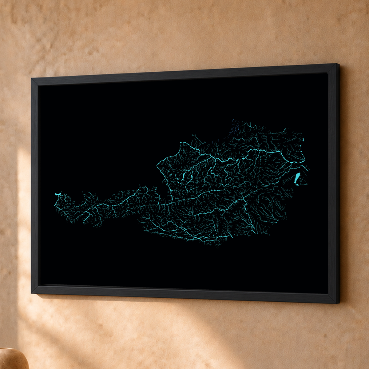 Beautiful Rivers — Áustria — Neon hidrográfico, Fine art emoldurado · 30 × 40 cm, Preto · Sem margem