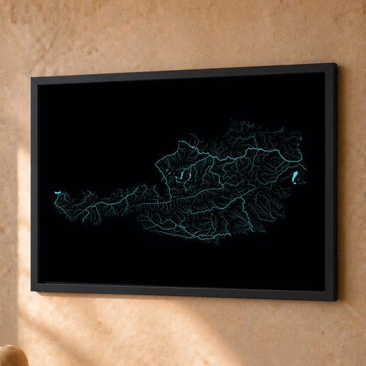 Beautiful Rivers — Áustria — Neon hidrográfico, Fine art emoldurado · 30 × 40 cm, Preto · Sem margem