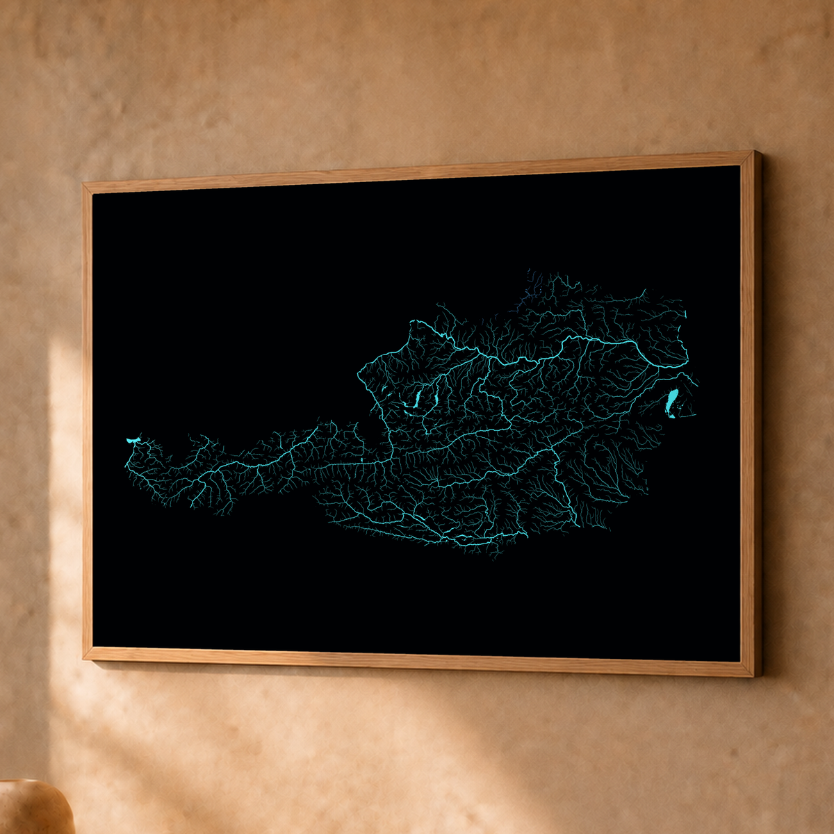Beautiful Rivers — Áustria — Neon hidrográfico, Fine art emoldurado · 30 × 40 cm, Natural · Sem margem
