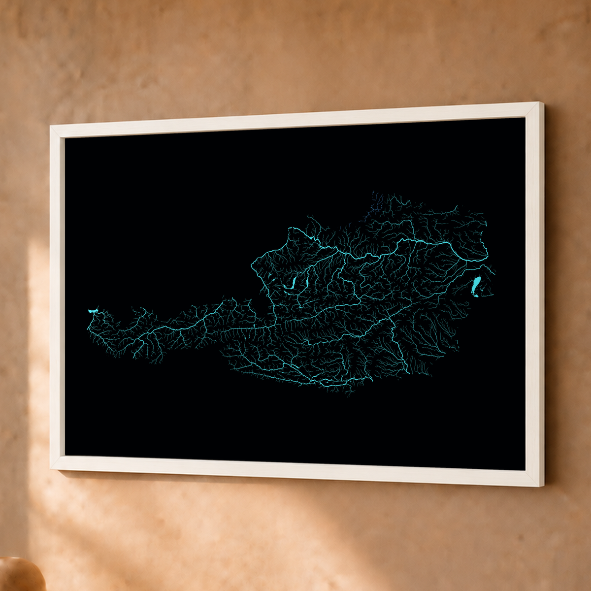 Beautiful Rivers — Áustria — Neon hidrográfico, Fine art emoldurado · 30 × 40 cm, Branco · Sem margem