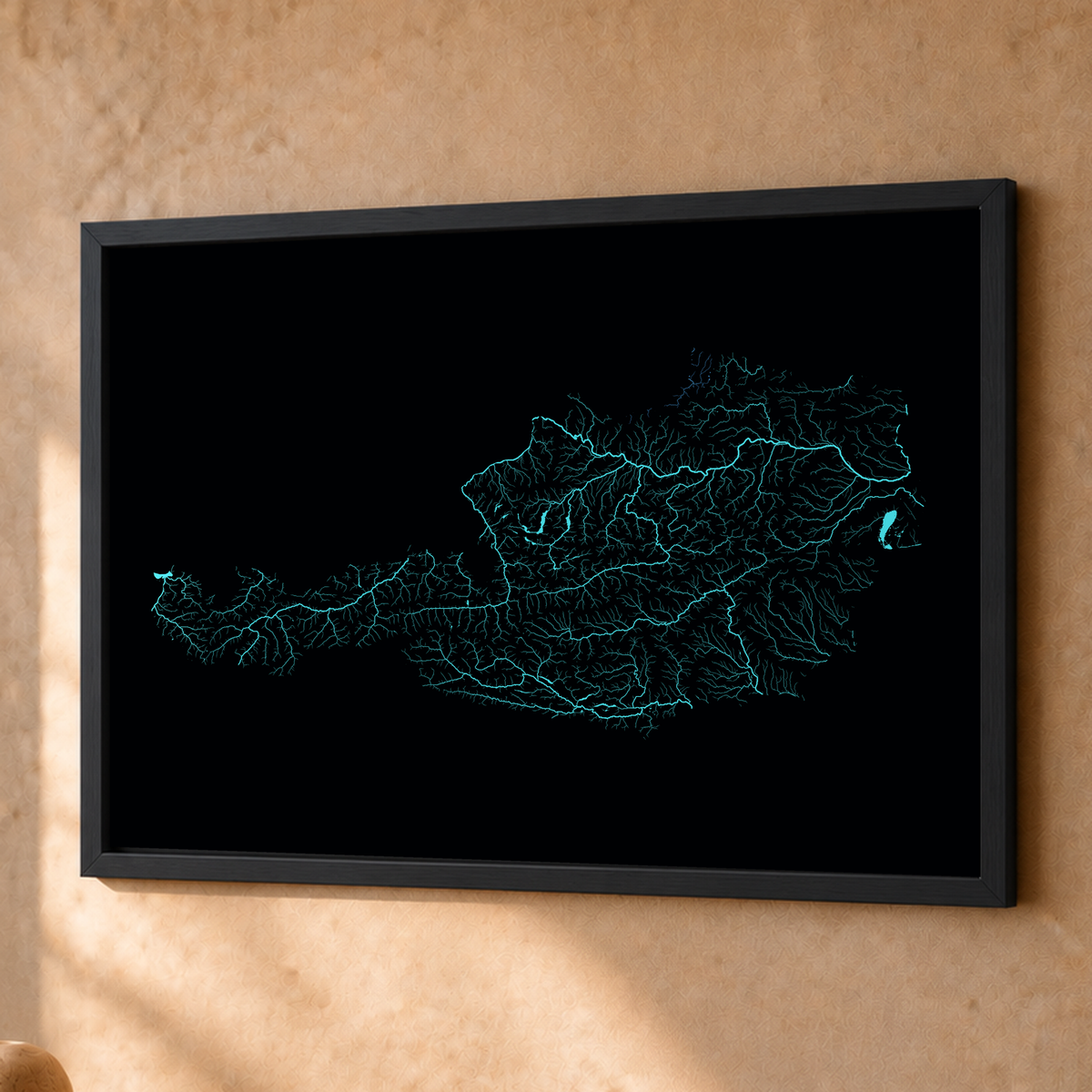 Beautiful Rivers — Áustria — Neon hidrográfico, Fine art emoldurado · 45 × 60 cm, Preto · Sem margem