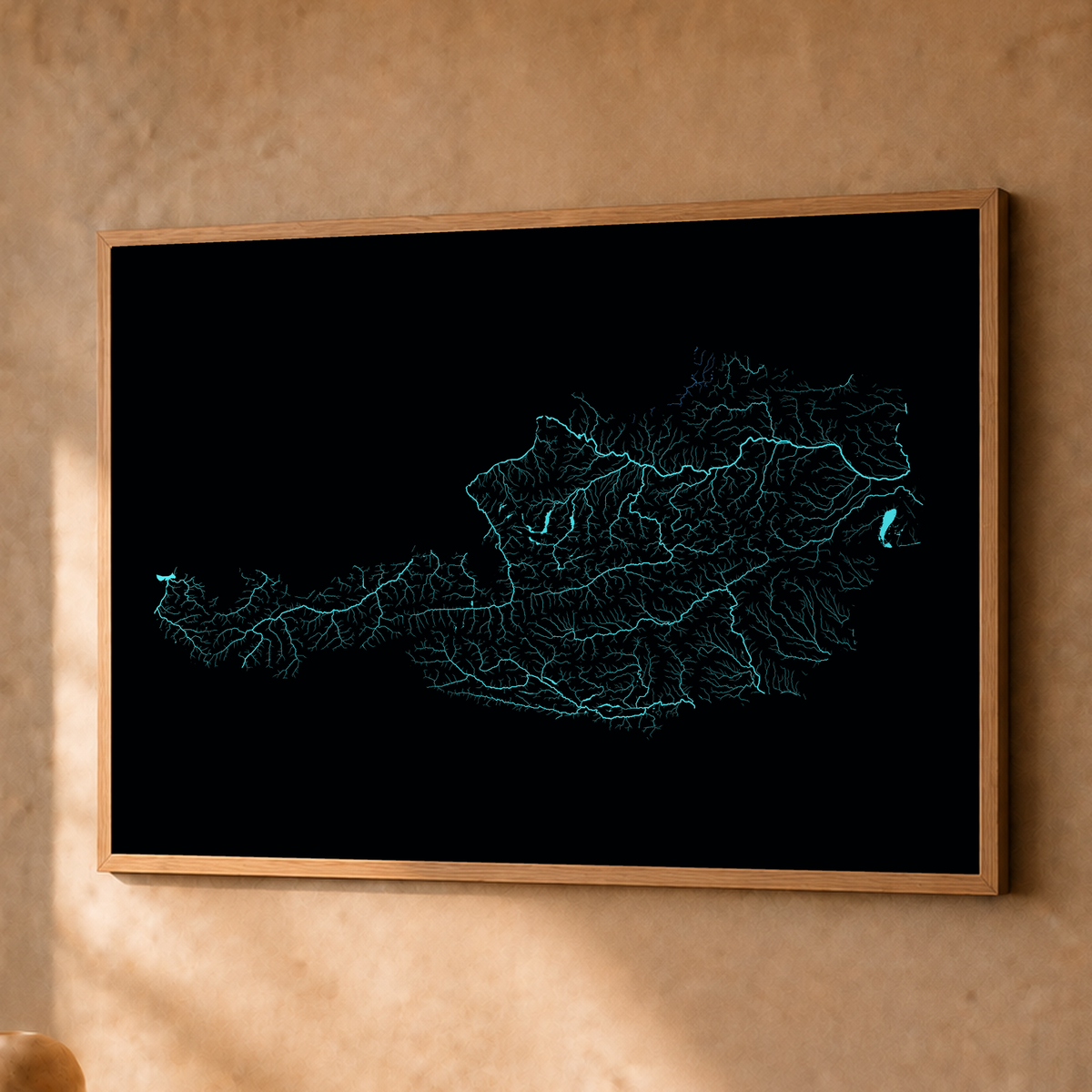 Beautiful Rivers — Áustria — Neon hidrográfico, Fine art emoldurado · 45 × 60 cm, Natural · Sem margem