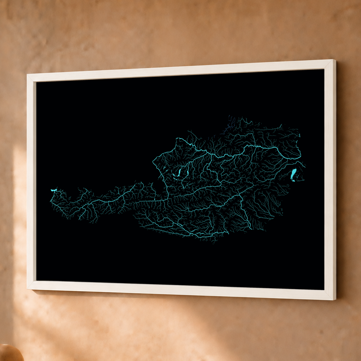 Beautiful Rivers — Áustria — Neon hidrográfico, Fine art emoldurado · 45 × 60 cm, Branco · Sem margem
