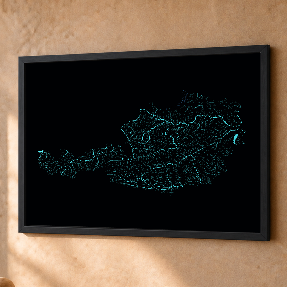 Beautiful Rivers — Áustria — Neon hidrográfico, Fine art emoldurado · 60 × 80 cm, Preto · Sem margem