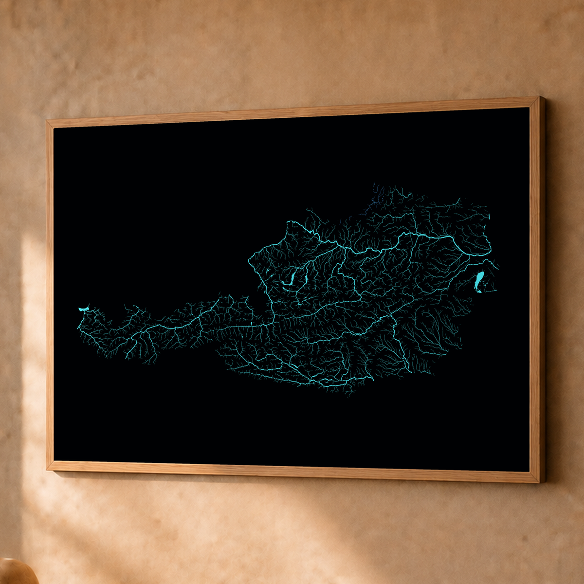 Beautiful Rivers — Áustria — Neon hidrográfico, Fine art emoldurado · 60 × 80 cm, Natural · Sem margem