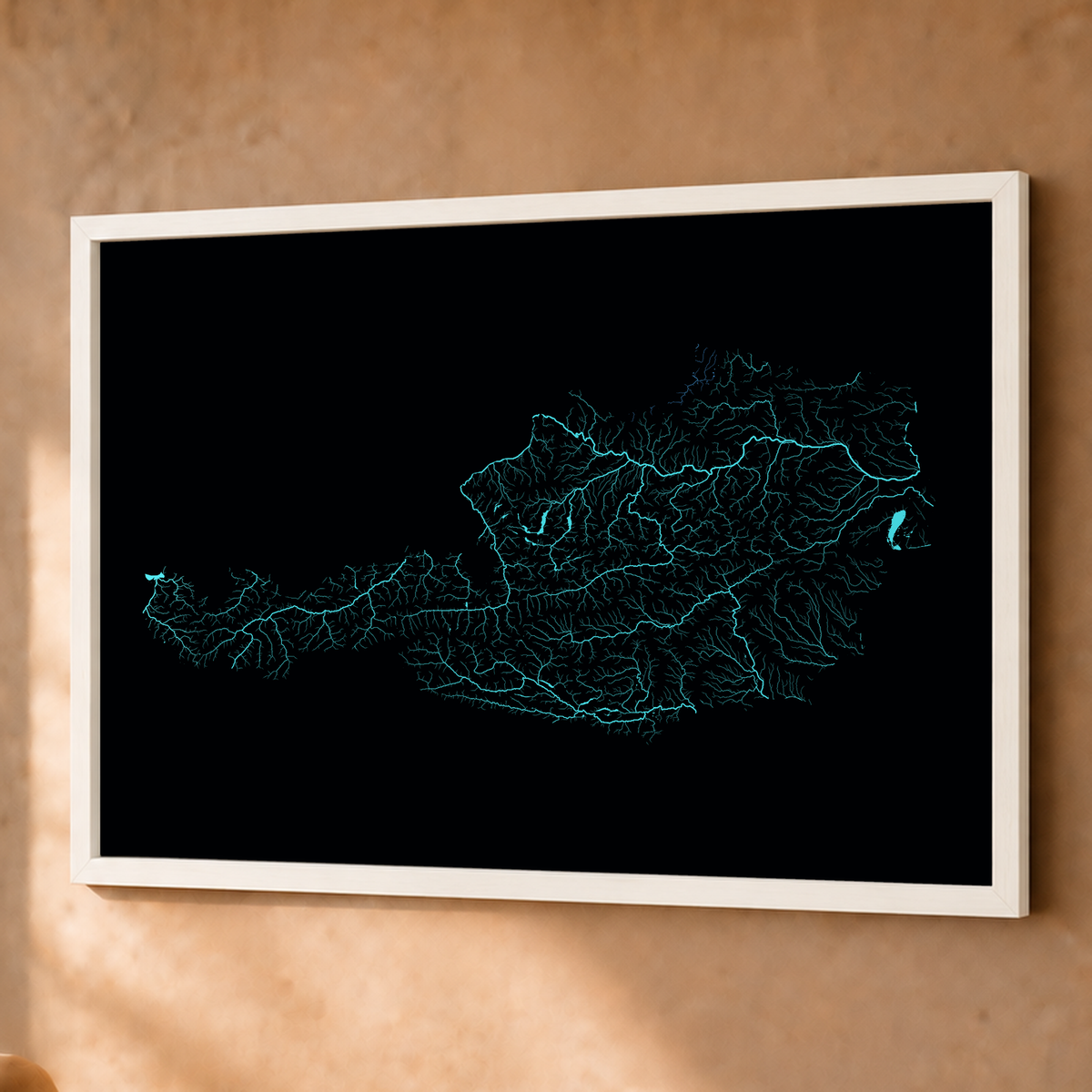 Beautiful Rivers — Áustria — Neon hidrográfico, Fine art emoldurado · 60 × 80 cm, Branco · Sem margem