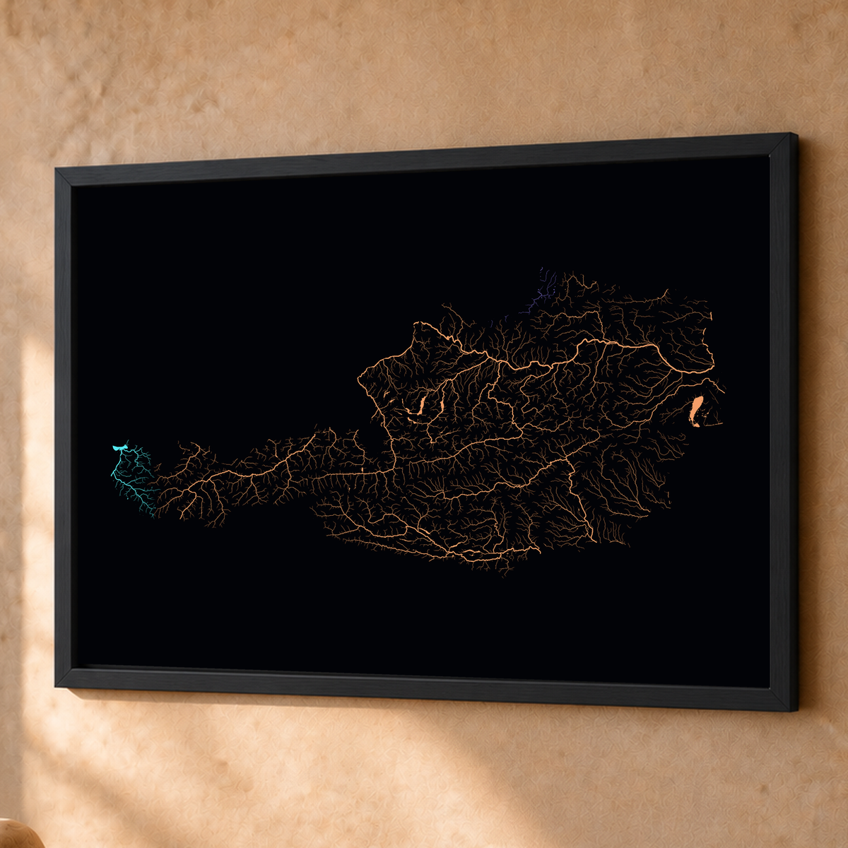 Beautiful Rivers — Áustria — Neon por território, Fine art emoldurado · 60 × 80 cm, Preto · Sem margem