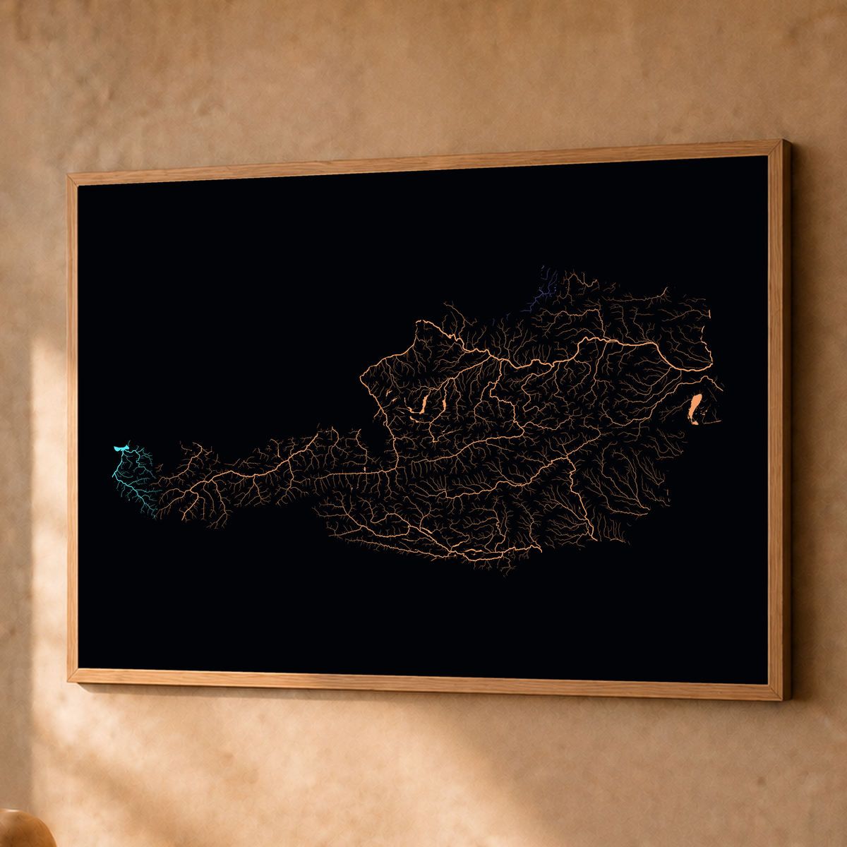 Beautiful Rivers — Áustria — Neon por território, Fine art emoldurado · 60 × 80 cm, Natural · Sem margem