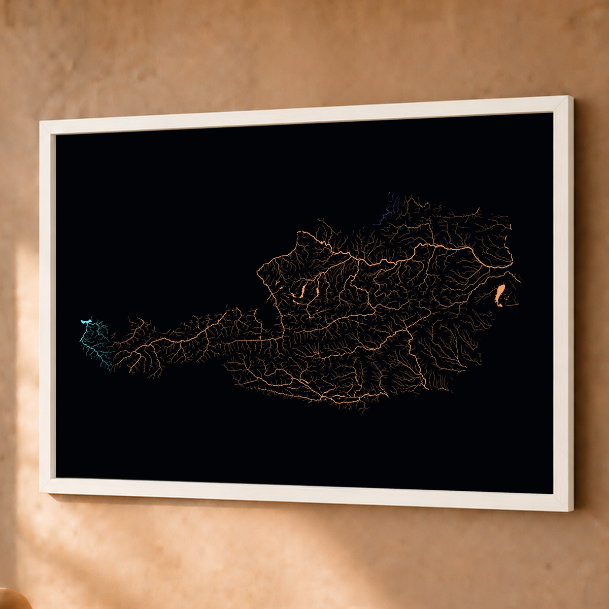 Beautiful Rivers — Áustria — Neon por território, Fine art emoldurado · 60 × 80 cm, Branco · Sem margem
