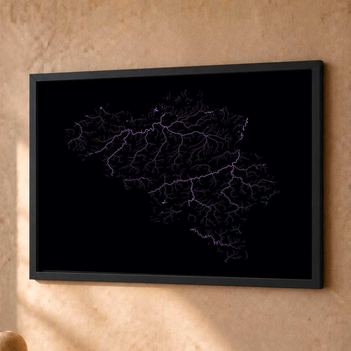 Beautiful Rivers — Bélgica — Neon hidrográfico, Fine art emoldurado · 30 × 40 cm, Preto · Sem margem