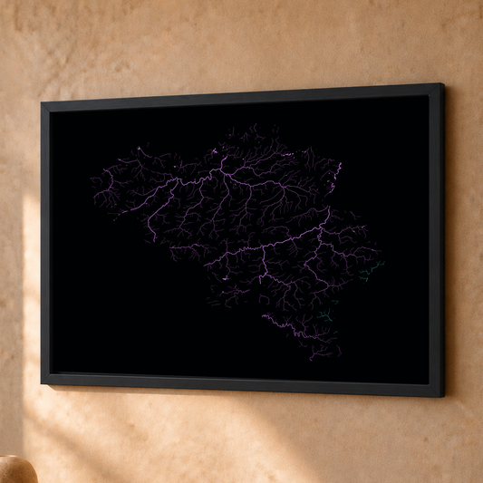 Beautiful Rivers — Bélgica — Neon hidrográfico, Fine art emoldurado · 30 × 40 cm, Preto · Sem margem