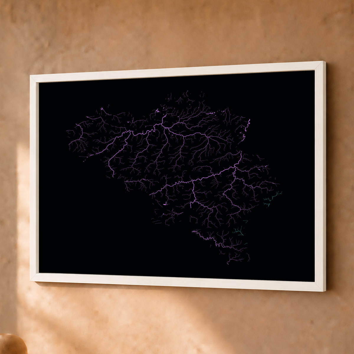 Beautiful Rivers — Bélgica — Neon hidrográfico, Fine art emoldurado · 30 × 40 cm, Branco · Sem margem