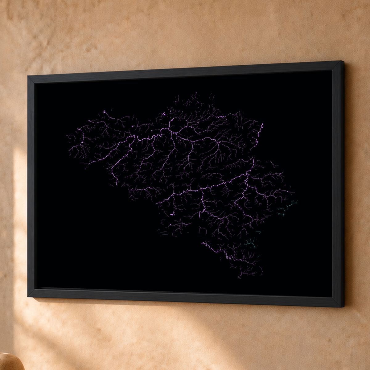 Beautiful Rivers — Bélgica — Neon hidrográfico, Fine art emoldurado · 45 × 60 cm, Preto · Sem margem
