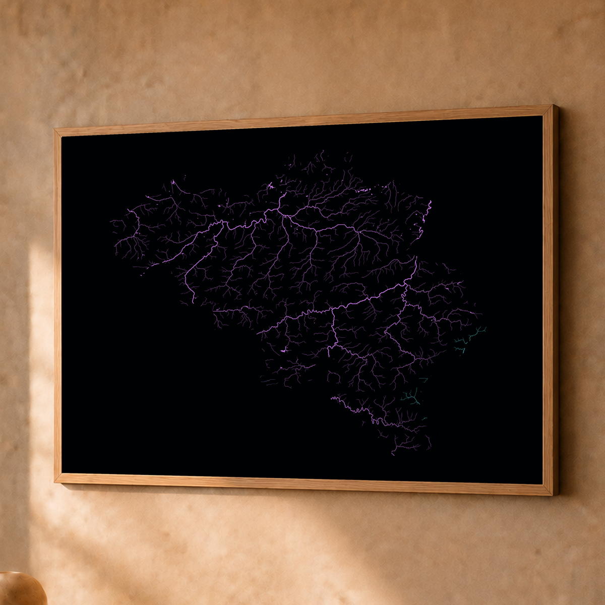 Beautiful Rivers — Bélgica — Neon hidrográfico, Fine art emoldurado · 45 × 60 cm, Natural · Sem margem