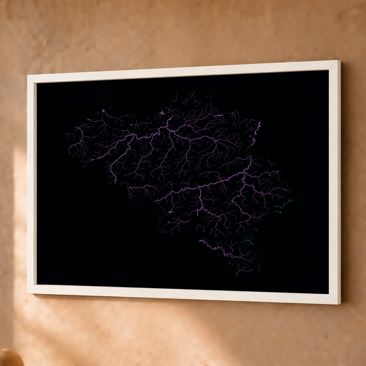 Beautiful Rivers — Bélgica — Neon hidrográfico, Fine art emoldurado · 45 × 60 cm, Branco · Sem margem