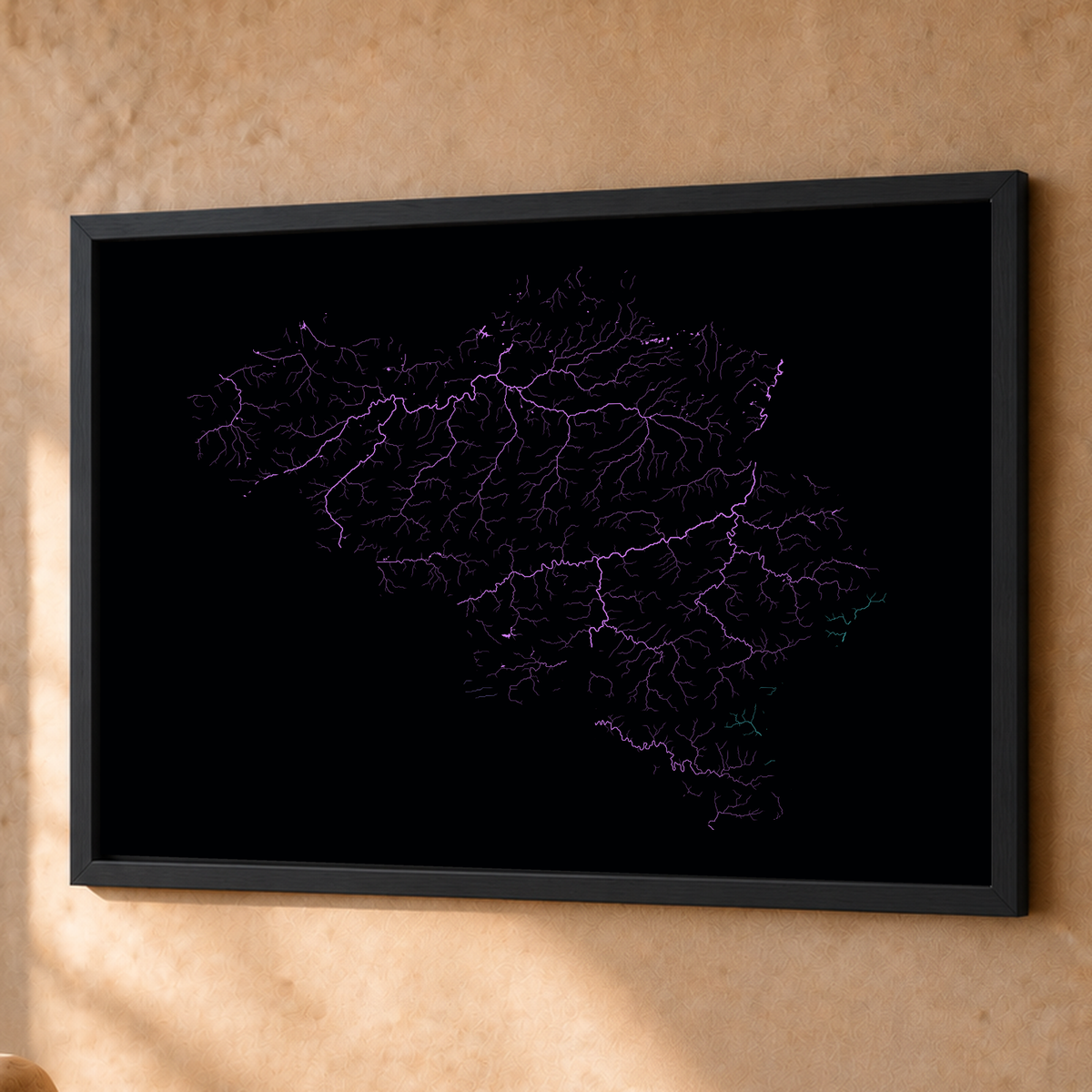Beautiful Rivers — Bélgica — Neon hidrográfico, Fine art emoldurado · 60 × 80 cm, Preto · Sem margem