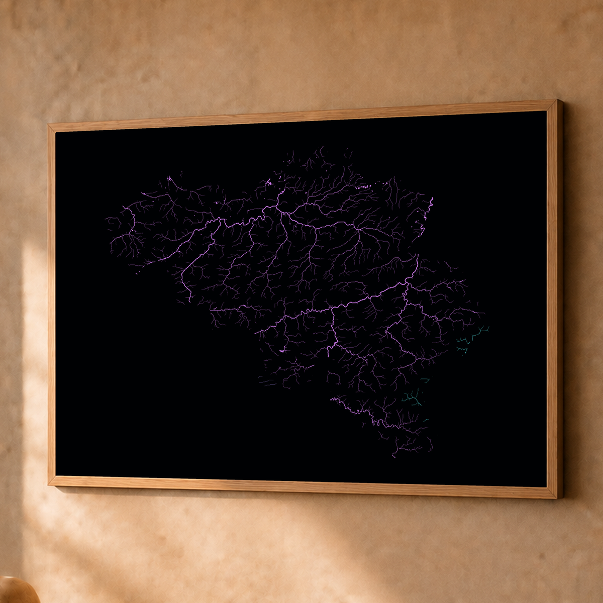 Beautiful Rivers — Bélgica — Neon hidrográfico, Fine art emoldurado · 60 × 80 cm, Natural · Sem margem