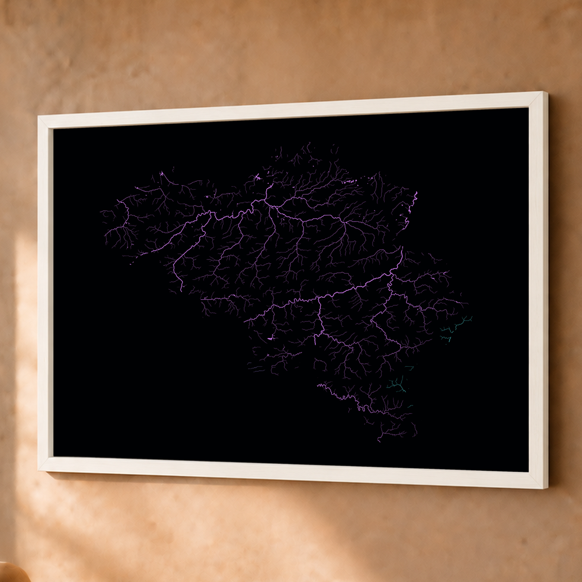 Beautiful Rivers — Bélgica — Neon hidrográfico, Fine art emoldurado · 60 × 80 cm, Branco · Sem margem